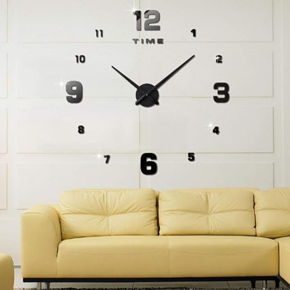 Clocks Bedroom Home Decoration Mirrored Number Frameless Large 3D DIY Wall BLACK